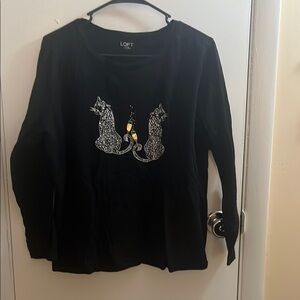 LOFT Black Long Sleeve Top with Cat Design